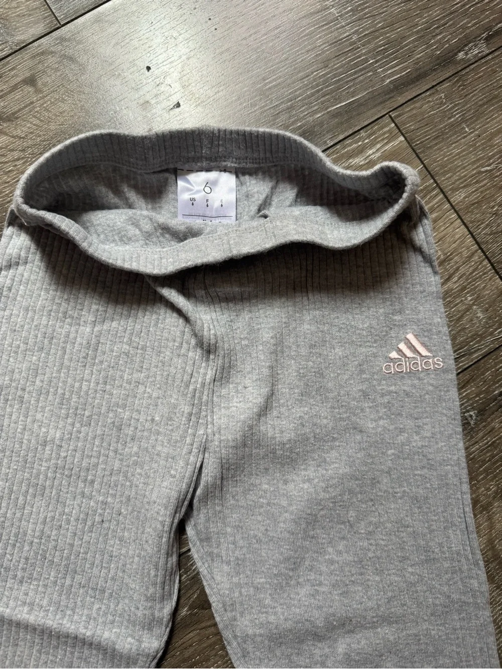 adidas Gray Ribbed Kids Leggings with Pink Logo